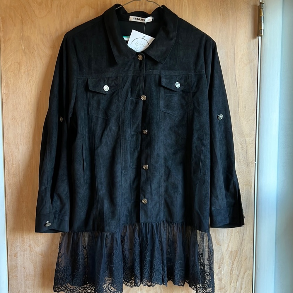 NWT WHIMSIGOTH Black Vegan Suede Jacket with Lace